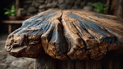 Close-up of a handcrafted wooden table with visible tool marks and a matte varnish finish, evoking old-world craftsmanship. Ample negative space for creative use.