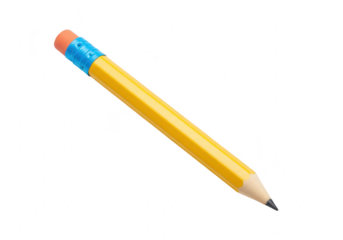 A yellow wooden pencil with a blue eraser and orange ferrule is positioned diagonally on a transparent background