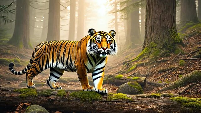 Majestic tiger walking through a sunlit forest, surrounded by tall trees and lush greenery