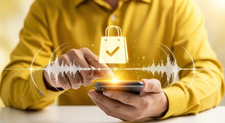 Close-up of hands using smartphone in warm sunlight with glowing holographic shopping interface, 