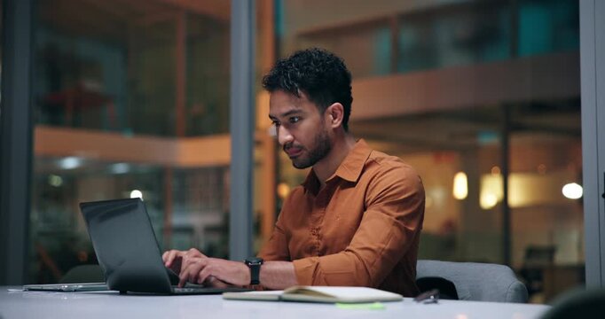 Laptop, night and typing with business man in office for planning, research deadline or schedule. Agenda, computer and report with busy employee person at work in evening for project management