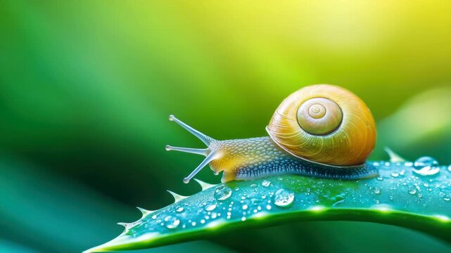 Snail with yellow shell crawling on green leaf covered with water droplet in bright natural light close up macro outdoor nature vibrant colors delicate texture peaceful environment