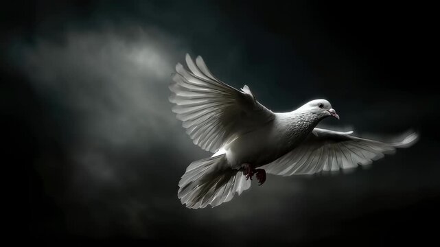 Captivating perspective of a white dove ascending gracefully set against an ominous dark environment embodying the duality of light and darkness.
