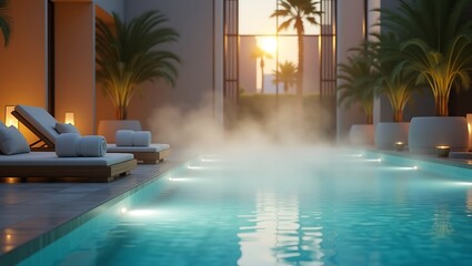 Fototapeta premium Luxury spa resort pool with steam and palm trees for relaxation travel