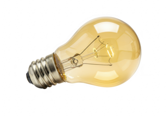A vintagestyle incandescent lightbulb with a warm amber glow and visible filament lies on its side against a transparent background symbolizing