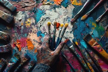 Fototapeta premium Close-Up of Colorful Paintbrushes with Vibrant Oil Paints Creating Dynamic Strokes, Showcasing Artistic Creativity and Expression, Perfect for Painting-Themed Posters, Backgrounds, and Banners