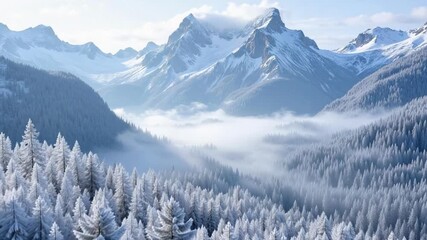 Stunning aerial view of a winter forest and snow-covered mountains shrouded in morning fog, creating a serene and beautiful 4k landscape - Powered by Adobe