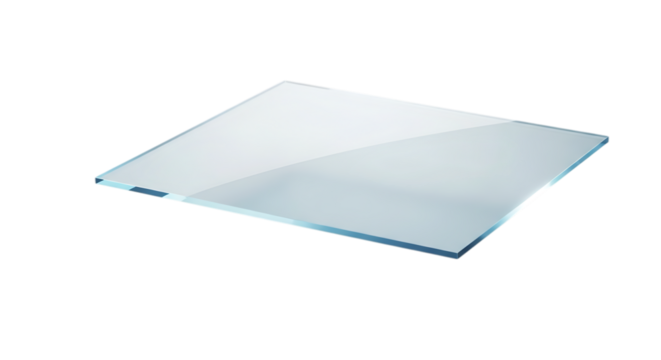 A clear, flat glass sheet with a slight blue tint, isolated on a transparent background, showcasing its smooth and transparent surface