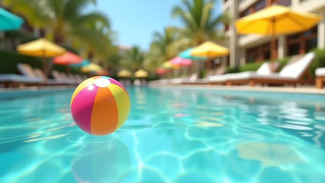 Colorful beach ball floating in a luxurious resort swimming pool water