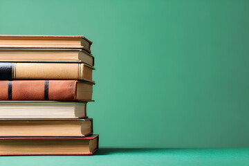 Stack of vintage books on green background antique