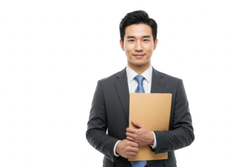 A smiling asian businessman in a dark suit and blue tie stands holding a tan folder looking directly at the camera isolated on transparent background