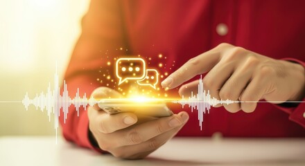 Hands holding smartphone with holographic chat bubbles and audio waveform above screen. Digital interface with sound wave and messaging icons.