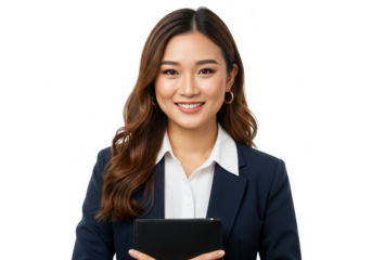 A smiling asian businesswoman wearing a navy blazer and white shirt holds a black tablet looking directly at the camera isolated on transparent