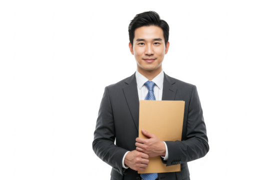 A smiling asian businessman in a dark suit and blue tie stands holding a tan folder looking directly at the camera isolated on transparent background - Powered by Adobe