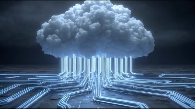 A futuristic cloud with glowing circuits emanating from the base.