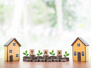 Miniature house, Wooden blocks with the word TAX and plants growing up on stack of coins. The...