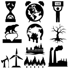 Set of black vector icons representing climate change and global warming issues
