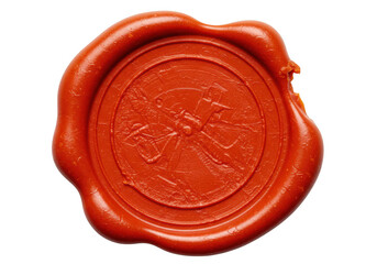 A closeup topdown view of a vintage red wax seal with an embossed design on a transparent background
