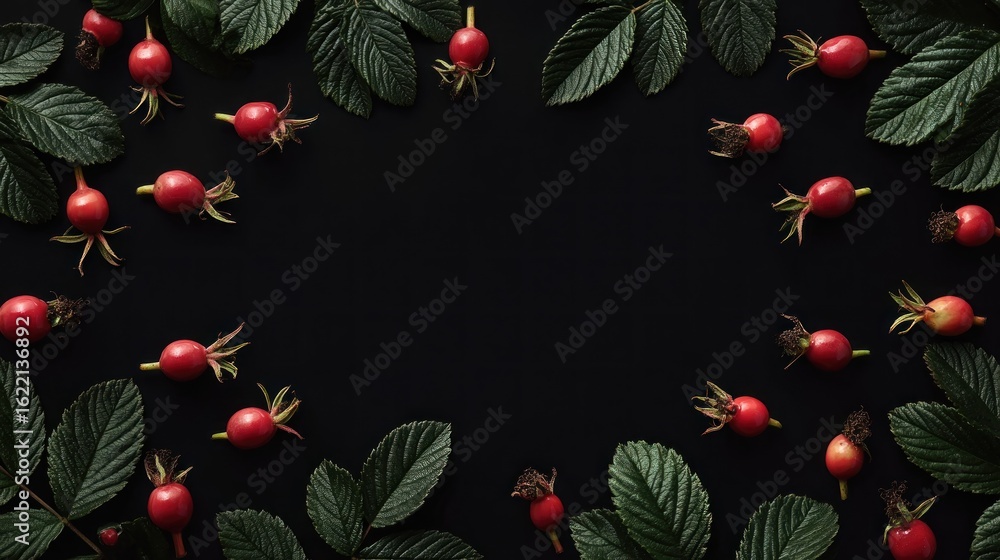 Poster a flatlay image featuring a dark background adorned with a frame of vibrant red rose hips and deep g