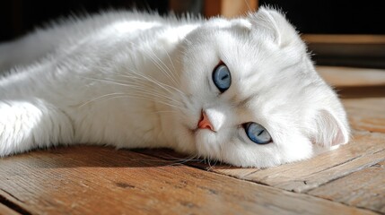 A pure white Scottish Fold cat with striking blue eyes rests languidly on a sun-drenched wooden floor, its fluffy fur catching the light