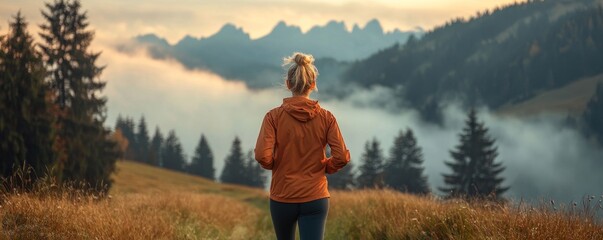 Senior woman jogging through nature early in the morning, with fog and mountains in the background, reflecting an active lifestyle for older adults, and the rejuvenating effects, Generative AI