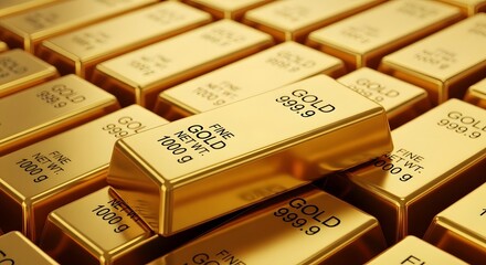Golden stacked ingots create a shiny bullion wall, representing wealth, success, and investment in the financial market
