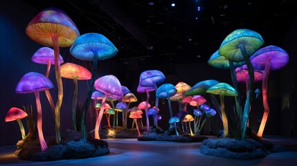 Vibrant Illuminated Mushrooms in an Artistic Display of Color