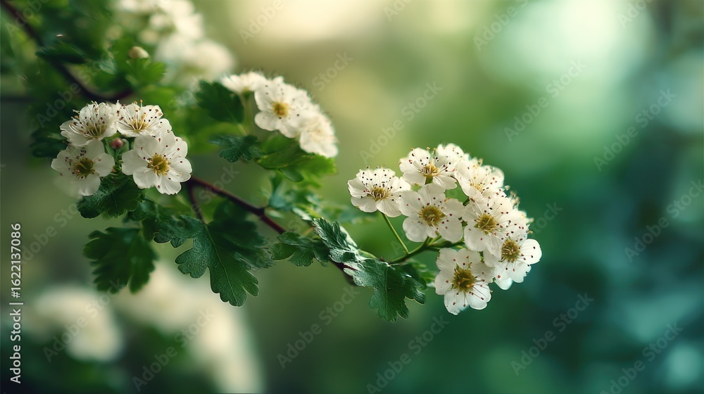 Poster a close-up captures a delicate branch adorned with clusters of small, white blossoms.