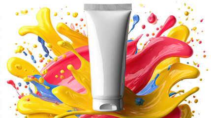 Paint Tube, A hyper-realistic 3D product pack shot of a vibrant splash of colorful 3D paint exploding from the tip of a single paint tube. The composition is dynamic and artistic. 