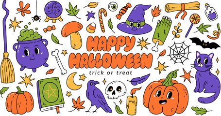 Happy Halloween set of characters and elements. Cute collection of pumpkin, cauldron, cat and playful creatures. Hand drawn vector illustration in retro style.