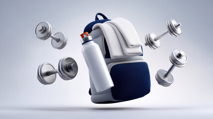 Gym Bag, A 3D product  of small dumbbells, a water bottle, and a towel floating out of an open gym bag. The composition is dynamic. on a white background. 