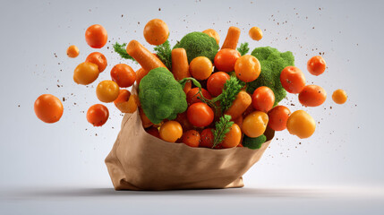 Naklejka premium Fresh Vegetables, A 3D product of various fresh vegetables floating and exploding out of a brown paper grocery bag. The composition is dynamic, showing movement. on a white background. 