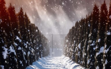 Snowy path through a pine forest