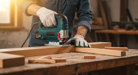 Woodworker&rsquo;s Strong Hands Operating Power Jigsaw at Workbench in Warm Rustic Light