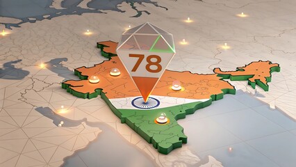 Map of india with 78th independence day celebration elements isolated on white background