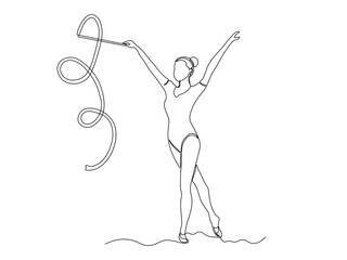 A girl does exercises, gymnastics, Pilates, aerobics with gymnastic ribbon. continuous single one line art hand drawing sketch logo