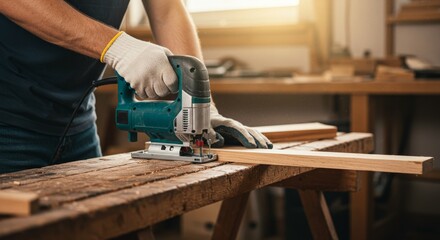 Woodworker’s Strong Hands Operating Power Jigsaw at Workbench in Warm Rustic Light