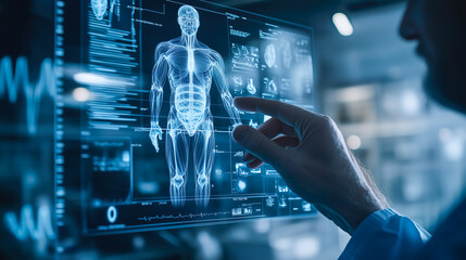 A doctor carefully examines a virtual x-ray projection with focused attention. The integration of advanced technology in medical diagnostics. Generative AI.