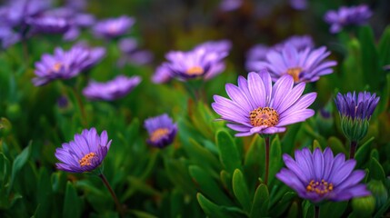 Obraz premium Purple daisy flowers bloom in garden