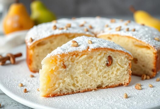 Slices of moist pear and pine nut white cake, dusted with powdered sugar,  tasty,   light