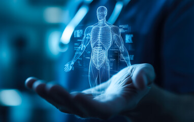 A doctor carefully examines a virtual x-ray projection with focused attention. The integration of advanced technology in medical diagnostics. Generative AI.