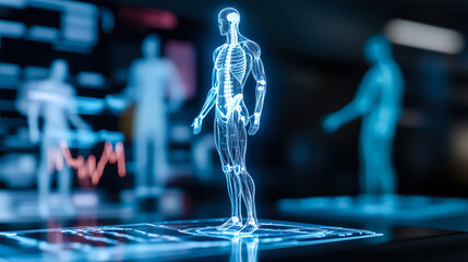 A doctor carefully examines a virtual x-ray projection with focused attention. The integration of advanced technology in medical diagnostics. Generative AI.