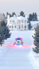 Snowy road leading to a house