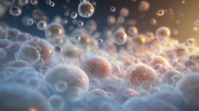 3D visual showing CO2 bubbles entering a liquid environment chemically reacting to form luminous bicarbonate compounds in a lab setting.