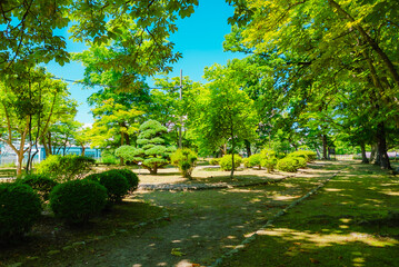 The view of the Morioka Castle Ruins in Iwate, Japan