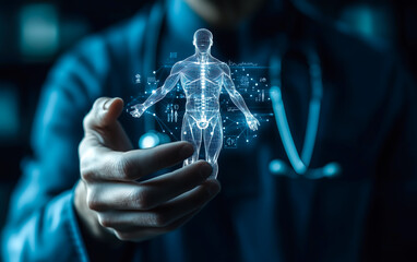 A doctor carefully examines a virtual x-ray projection with focused attention. The integration of advanced technology in medical diagnostics. Generative AI.