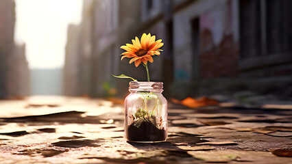 medium close up a micro tiny flower vase full of dirt with a beautiful daisie planted in it shining street.


