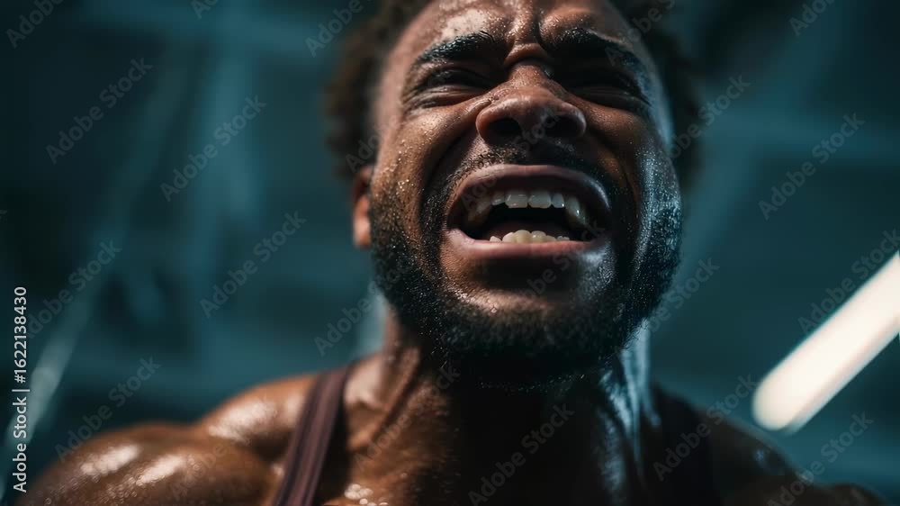 Poster dynamic shot of a man unleashing his inner strength face contorted in a fierce scream reflecting the