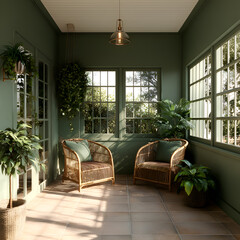 Sunlit sunroom with rattan chairs and lush green plants