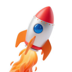3d illustration of a cute 3d cartoon rocket blasting off with orange flames and smoke, isolated on transparent background